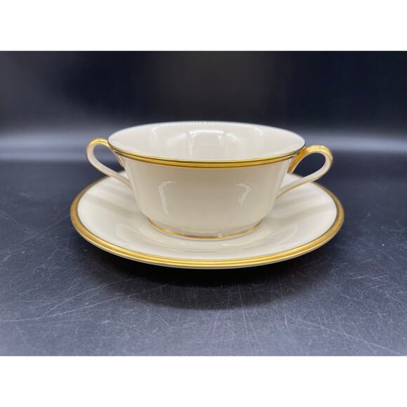 Lenox Eternal with Gold Trim Footed Cream Soup Bowl with Dessert Plate / Saucer